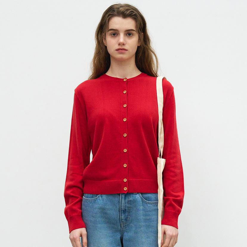 WOOD BUTTON ROUND CARDIGAN - RED