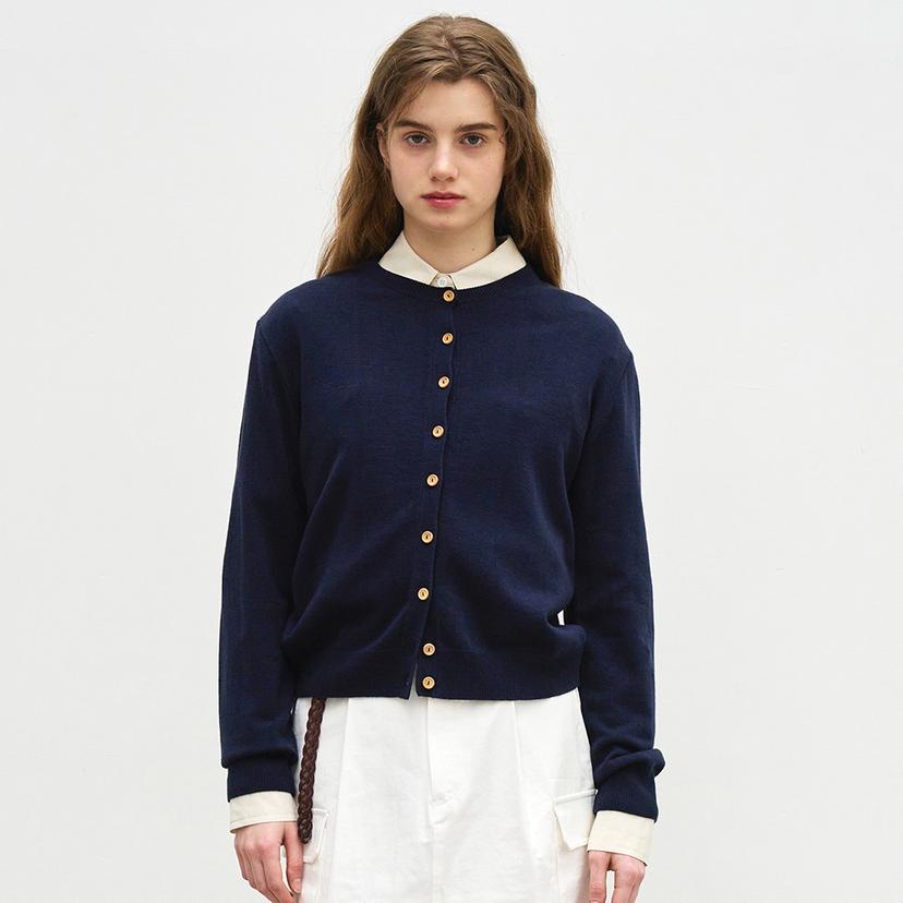 WOOD BUTTON ROUND CARDIGAN - NAVY
