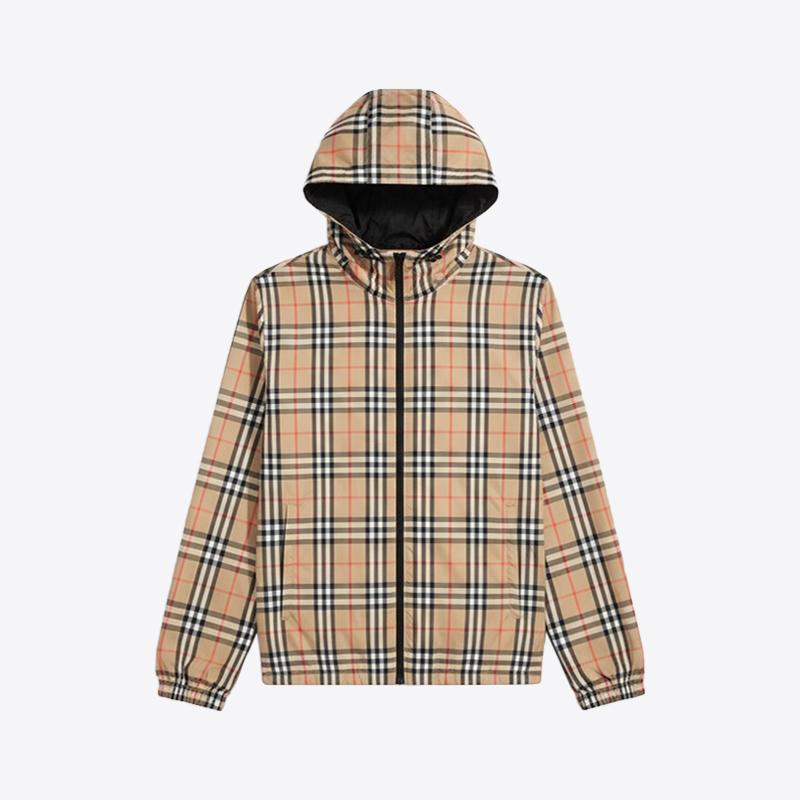 버버리 남성 리버시블 체크 후드 바람막이 집업 자켓 (베이지) 8110371